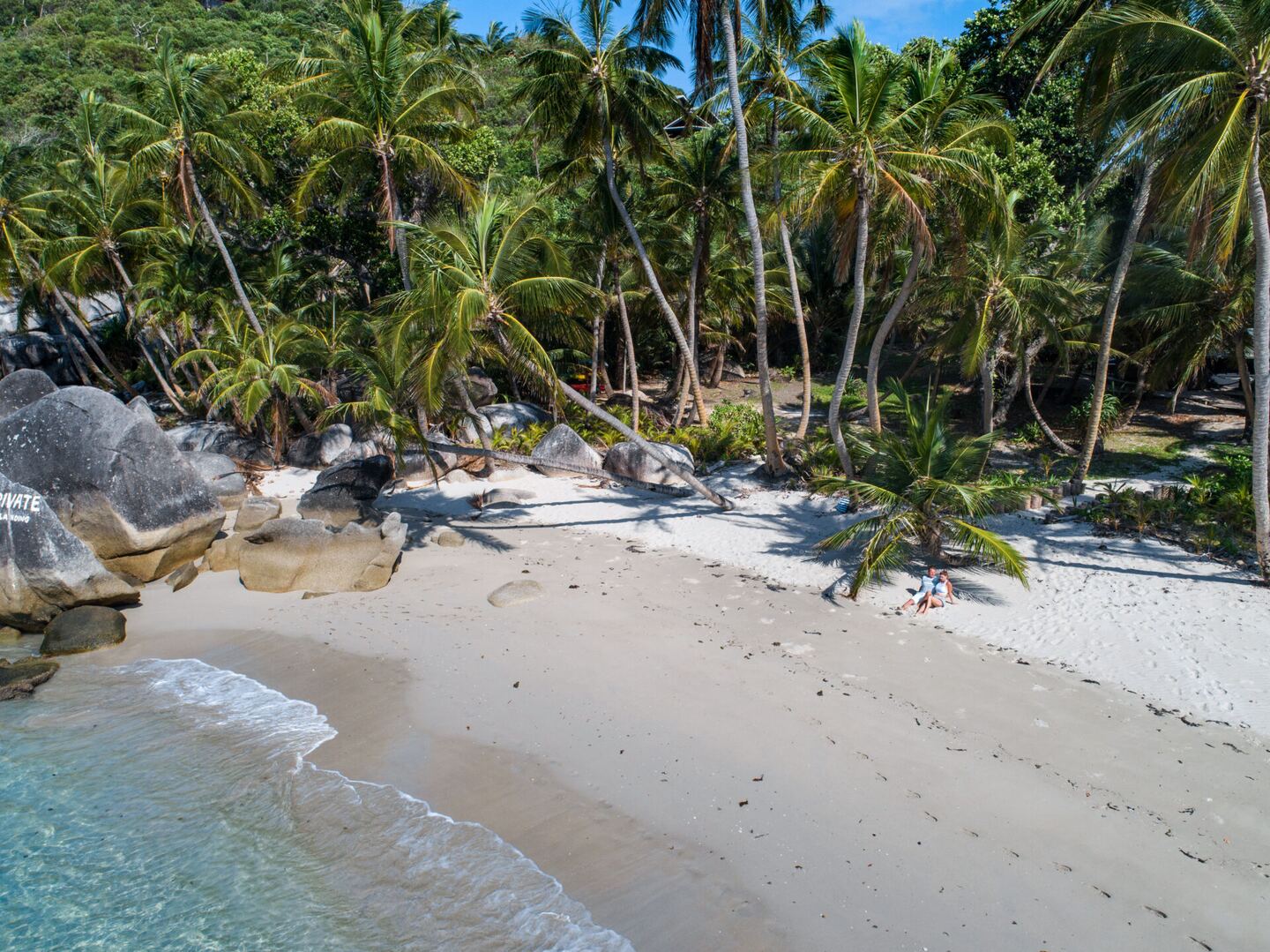 Aerial view of the palm-fringed shoreline and clear shallow water
